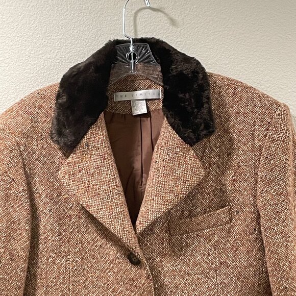 THE LIMITED New Wool Blend Tweed Vintage Blazer Faux Fur Trim Brown Size 12 - Picture 6 of 11